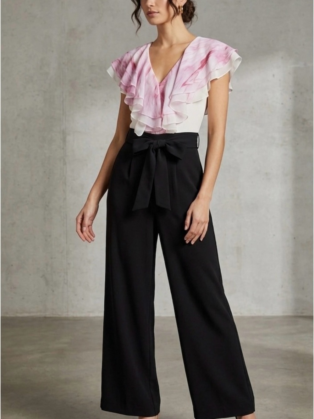 TED Baker - romper with flamingo feather print, ruffles